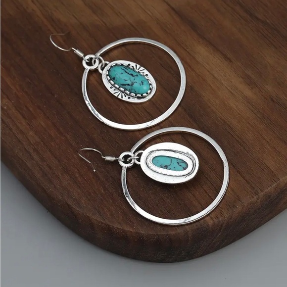 Bohemian Ethnic Style Hollow Round Shape with Oval Turquoise Dangle Earrings - Picture 5 of 5